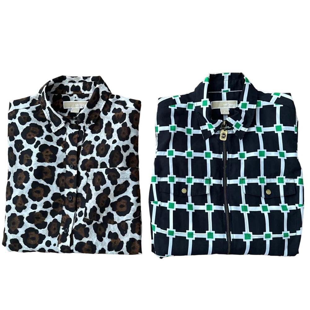 Michael Kors button down blouse navy green animal print bundle of two size small